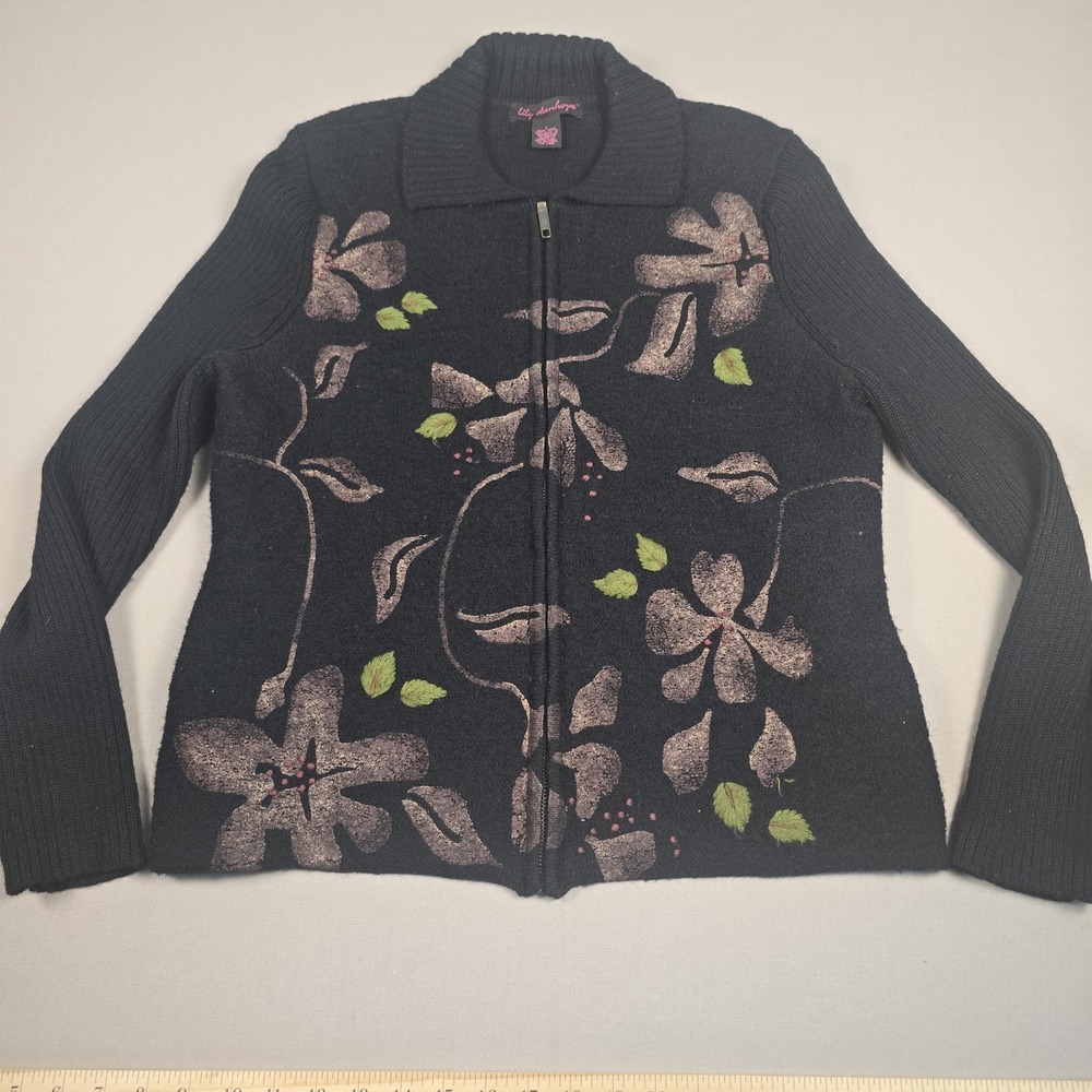 Lily Stanhope Womens L Wool Cardigan Sweater Large Black Floral Jacket Full Zip